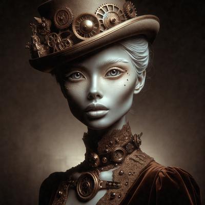 The primary subject of the image is a woman wearing a top hat and a gown. She is posing for the camera, and her outfit appears to be a mix of steampunk and Victorian styles. The setting is a dark room, which adds to the overall mood of the image. The visual style is a combination of digital art and illustration, creating a unique and intriguing portrait. The colors in the image are predominantly dark, with the woman's outfit and the room's background being